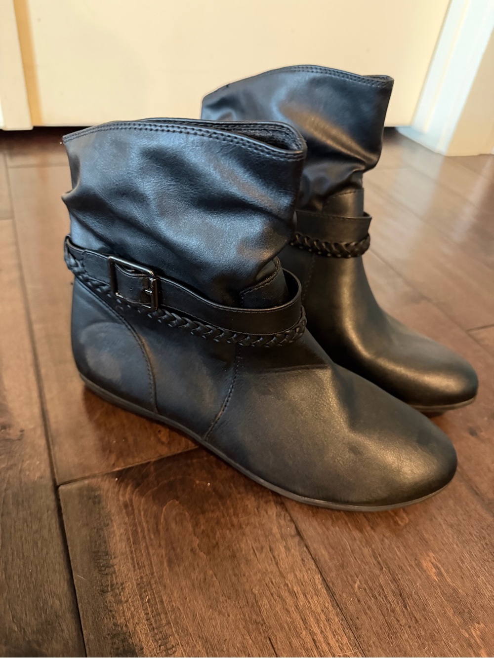 Women's Black Slouch Ankle Boots with Braided Strap
